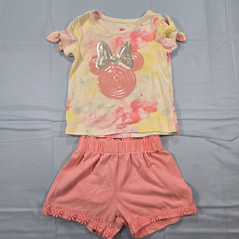 Disney‎ Minnie Mouse Toddler Girls Tie Dye 2 Piece Short Set Sequin Top Pink 3T